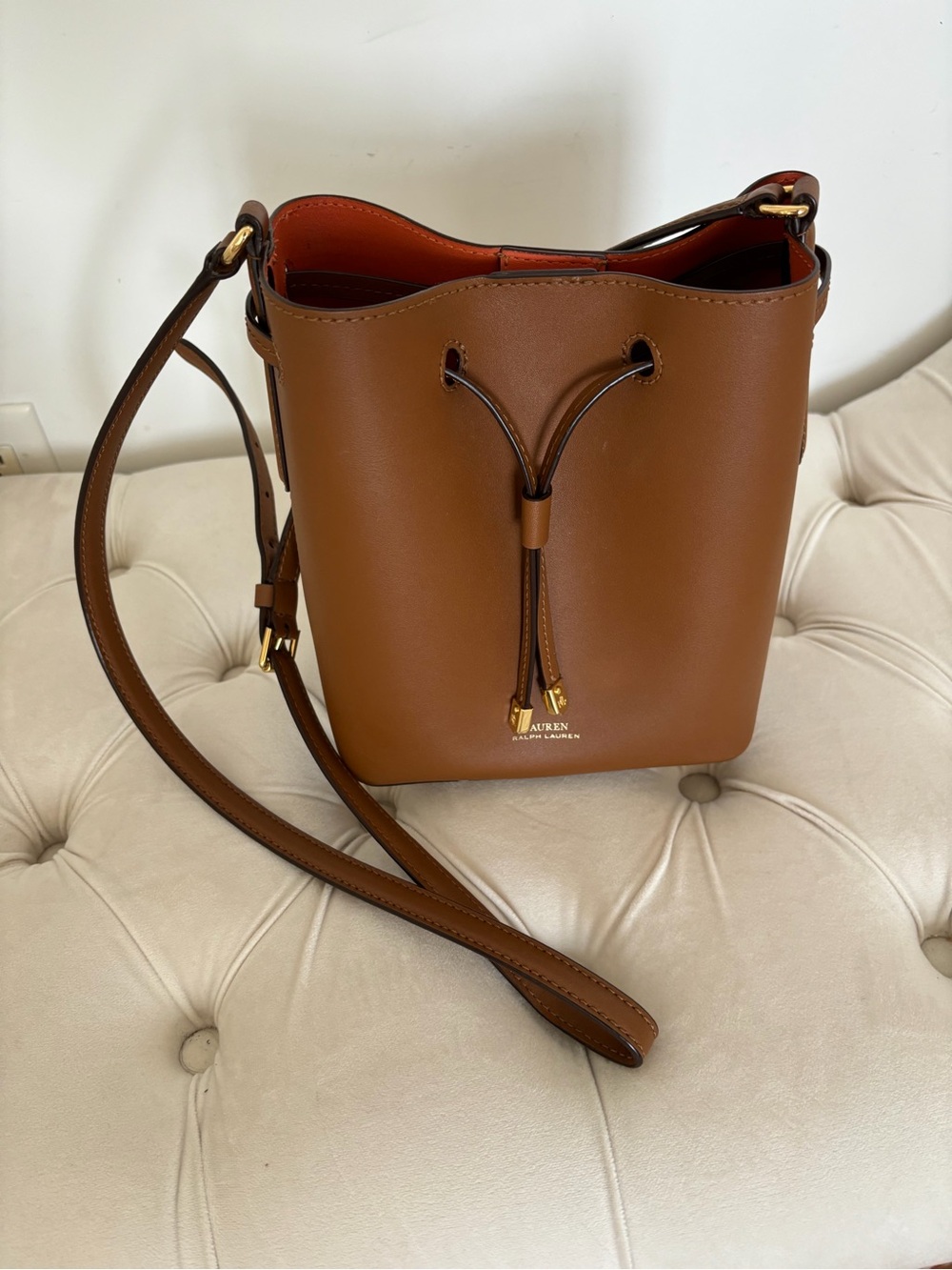 Ralph Lauren Chestnut Leather Drawstring Crossbody Bucket Bag